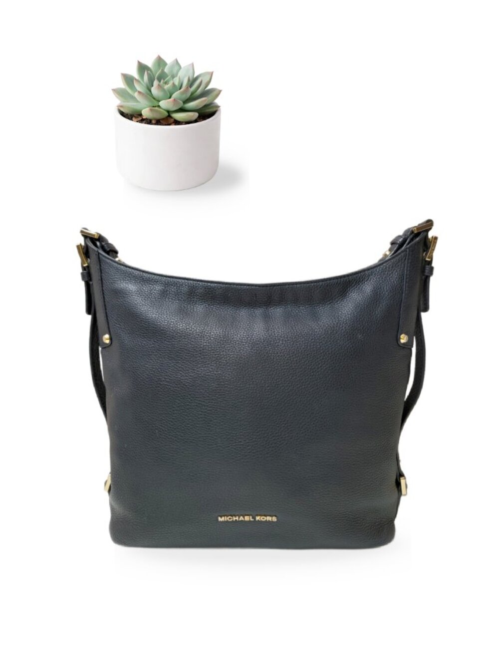 Michael Kors Bedford Large Black Pebbled Leather Hobo Shoulder Bag Gold Hardware